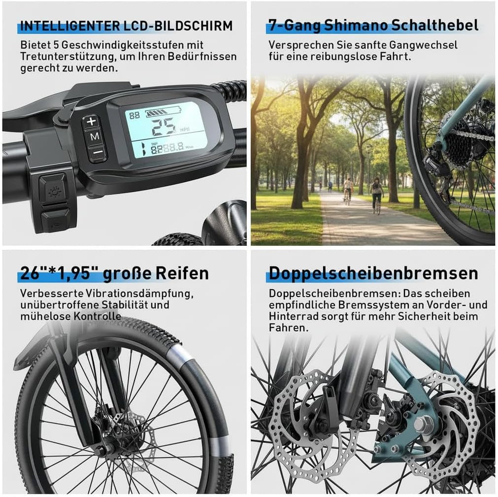 Eleglide E-Bike 26" Mit 7-Gang Schaltung 250W Motor 10Ah Akku Höchstgeschwindigkeit 25Km/H