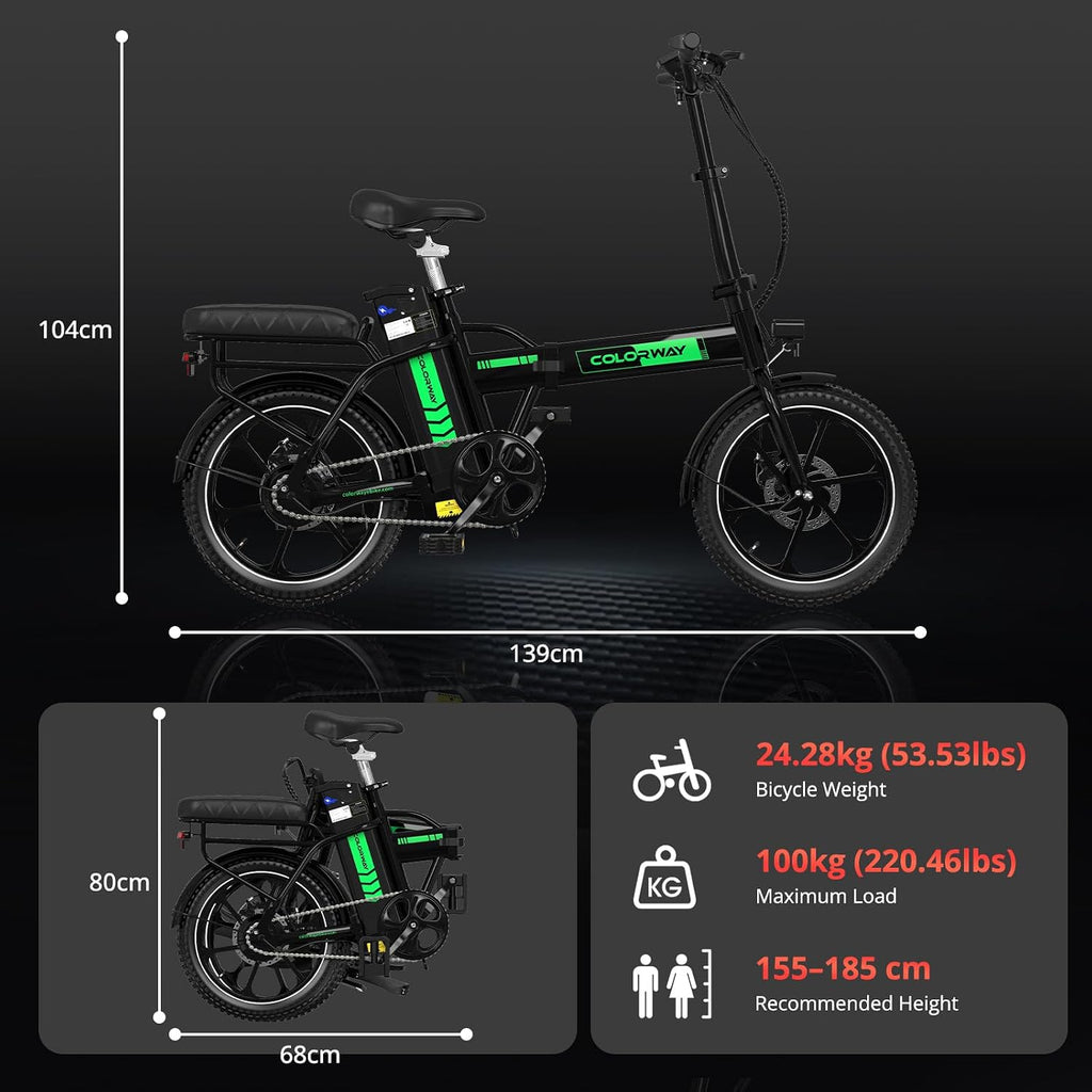COLORWAY E Bike, Klapprad E-Fahrrad 16 Zoll, 36V 12Ah Herausnehmbarem Lithium-Akku, 250W Motor, Mini-E-Bike Mit 35-60Km Reichweite Für Erwachsene & Jugend