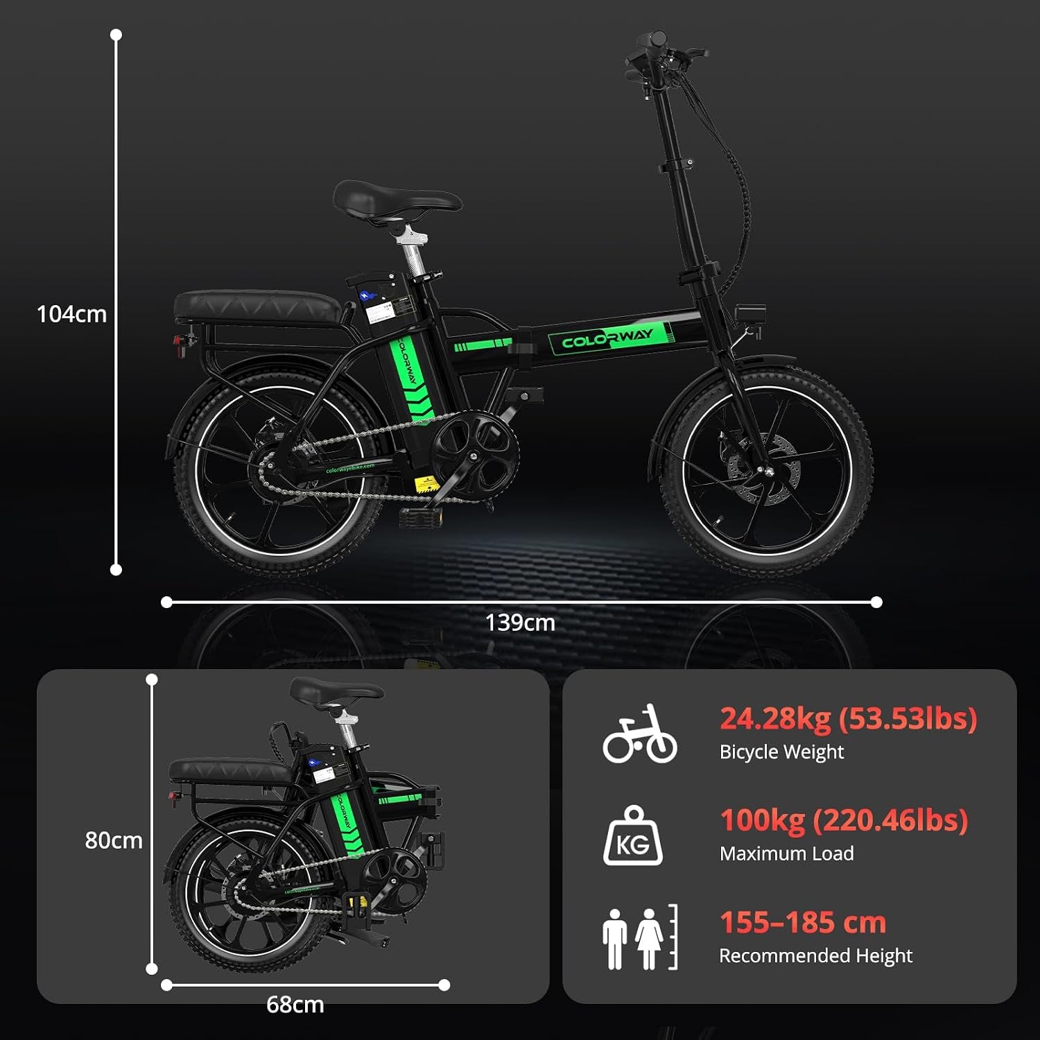 COLORWAY E Bike, Klapprad E-Fahrrad 16 Zoll, 36V 12Ah Herausnehmbarem Lithium-Akku, 250W Motor, Mini-E-Bike Mit 35-60Km Reichweite Für Erwachsene & Jugend
